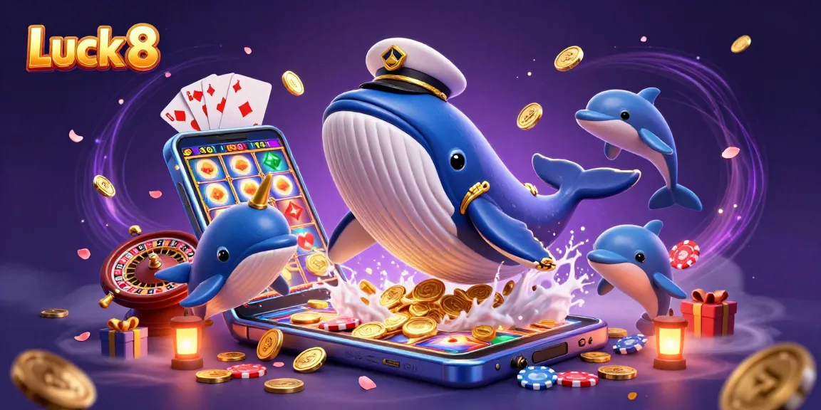Experience Luck 8's vibrant casino atmosphere with a whimsical whale, narwhal, and dolphins playing poker amidst magical elements.