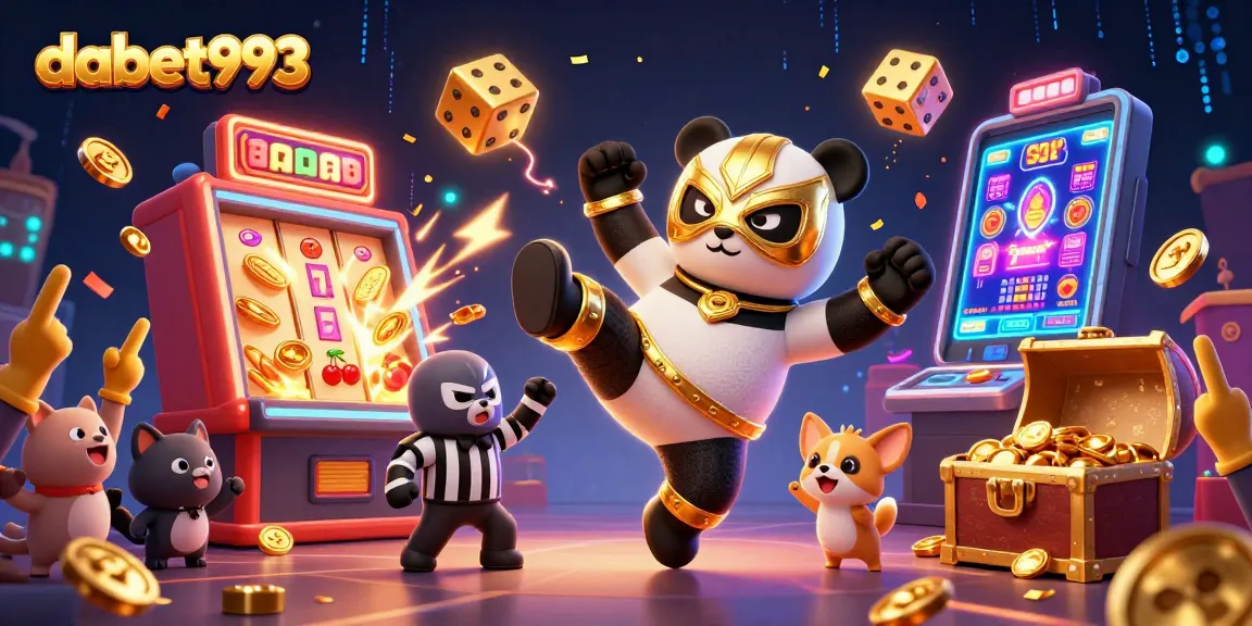 Dabet993 invites you to witness thrilling action with a wrestler panda and exciting slot game moments in a colorful, engaging scene.
