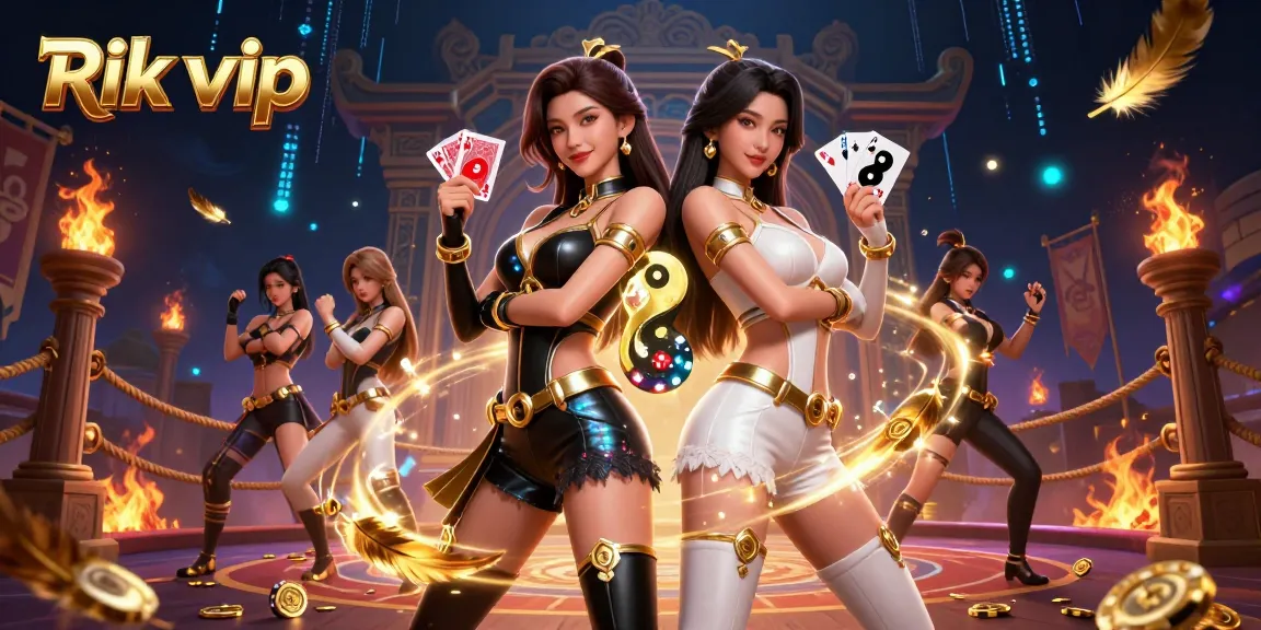 Experience thrilling gameplay with Rik vip through this stunning 3D casino illustration featuring powerful twin Asian women.