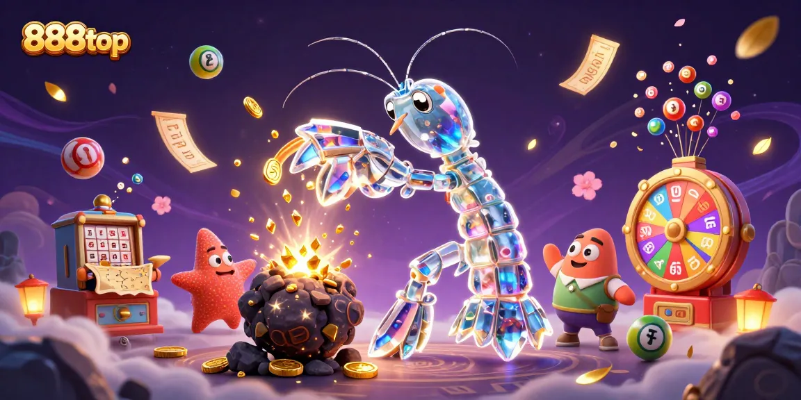 Engage with exciting prizes at 888top with a vibrant lottery scene filled with 3D characters and colorful elements.