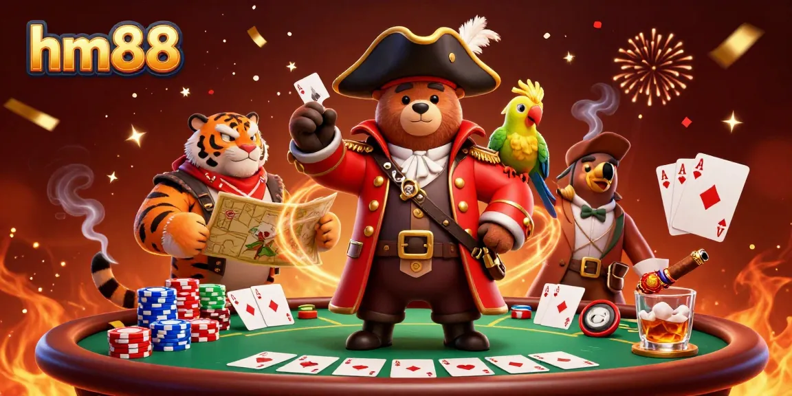 Join the excitement of hm88 as the pirate bear and his crew play poker amidst a festive celebration.