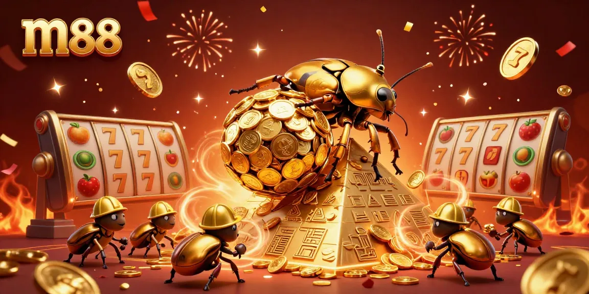 M88 features a golden beetle rolling coins amid vibrant slot machines and festive symbols, creating excitement.