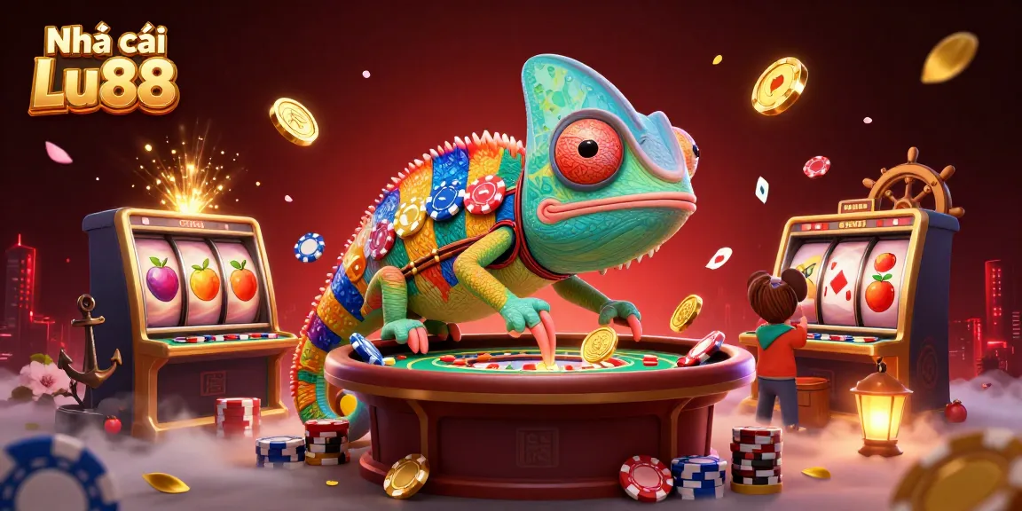 Engaging scene featuring Nhà cái Lu88 with a colorful chameleon casino owner amidst spinning slot reels and golden coins.