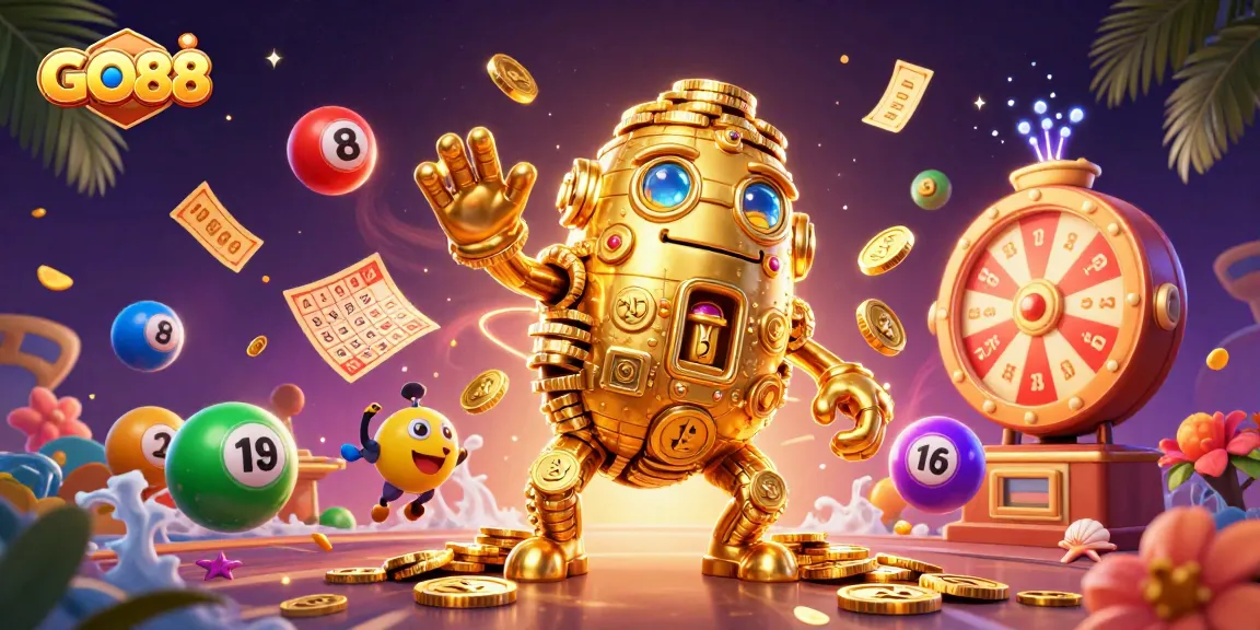 Experience dynamic GO88 gameplay surrounded by colorful lottery elements and a golden golem in a vibrant casino scene.