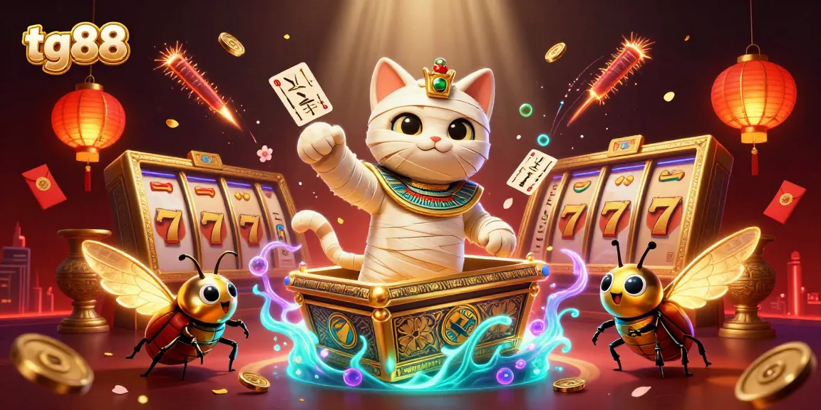 Experience thrilling gaming action with tg88 as the Egyptian mummy cat emerges from a sarcophagus amidst vibrant casino elements.
