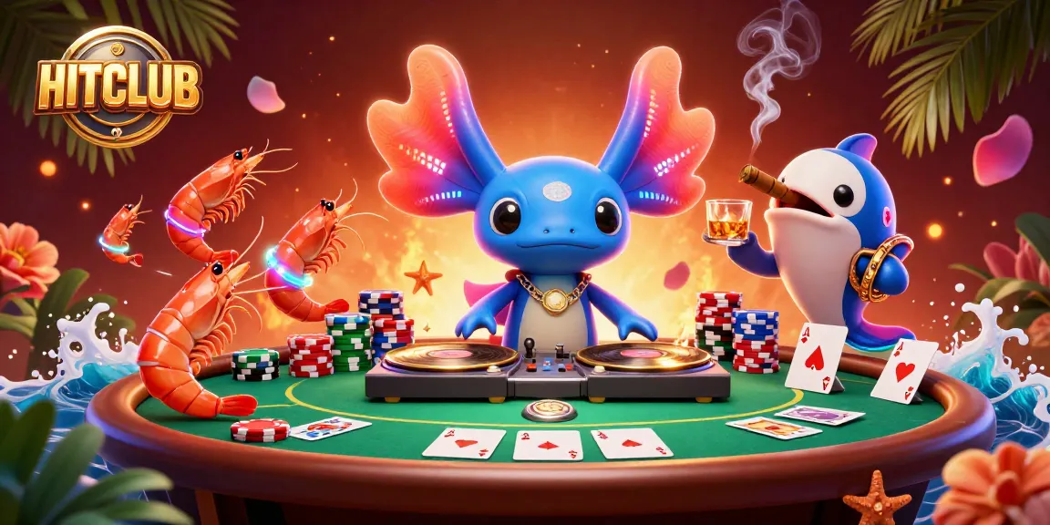 Experience the vibrant HITCLUB scene with a neon axolotl DJ and poker elements in action.