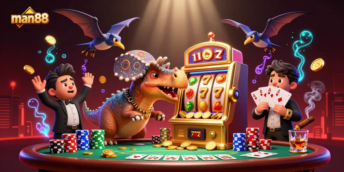 Experience the excitement of man88's casino with dynamic scenes of jackpot wins and vibrant gaming elements.