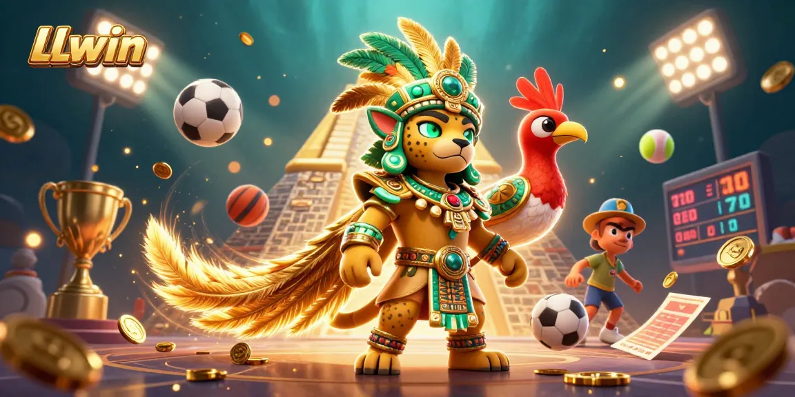 Experience thrilling wins with LLwin's vibrant 3D casino adventure, showcasing a Mayan jaguar priest and sports excitement.