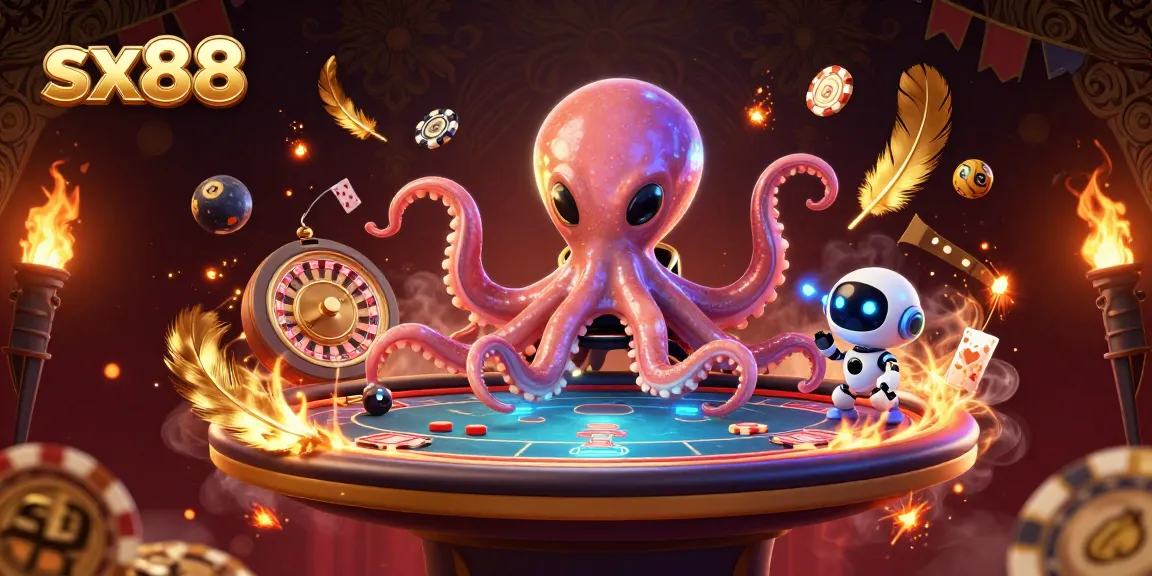Play exciting games at sx88 with a vibrant alien octopus dealing poker and dynamic gambling elements.