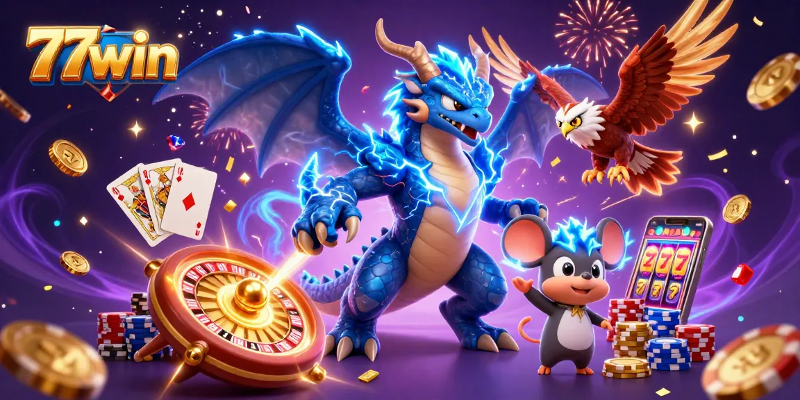 Experience the thrill of winning with 77win's vibrant casino scene featuring dragons and slot machines.