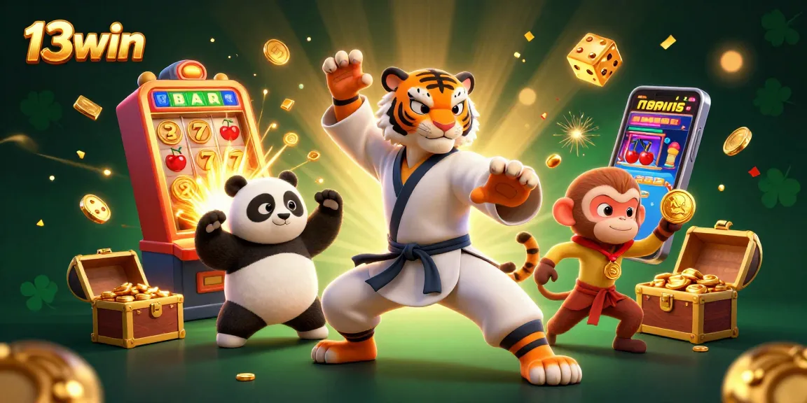 Experience thrilling wins with 13win as characters dance amidst slot machines and gold treasures.