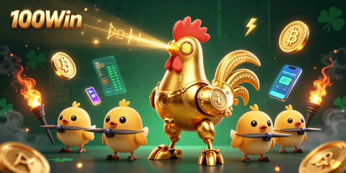Engage in thrilling gameplay with 100Win's vibrant 3D casino illustration, showcasing exciting crypto gaming elements.