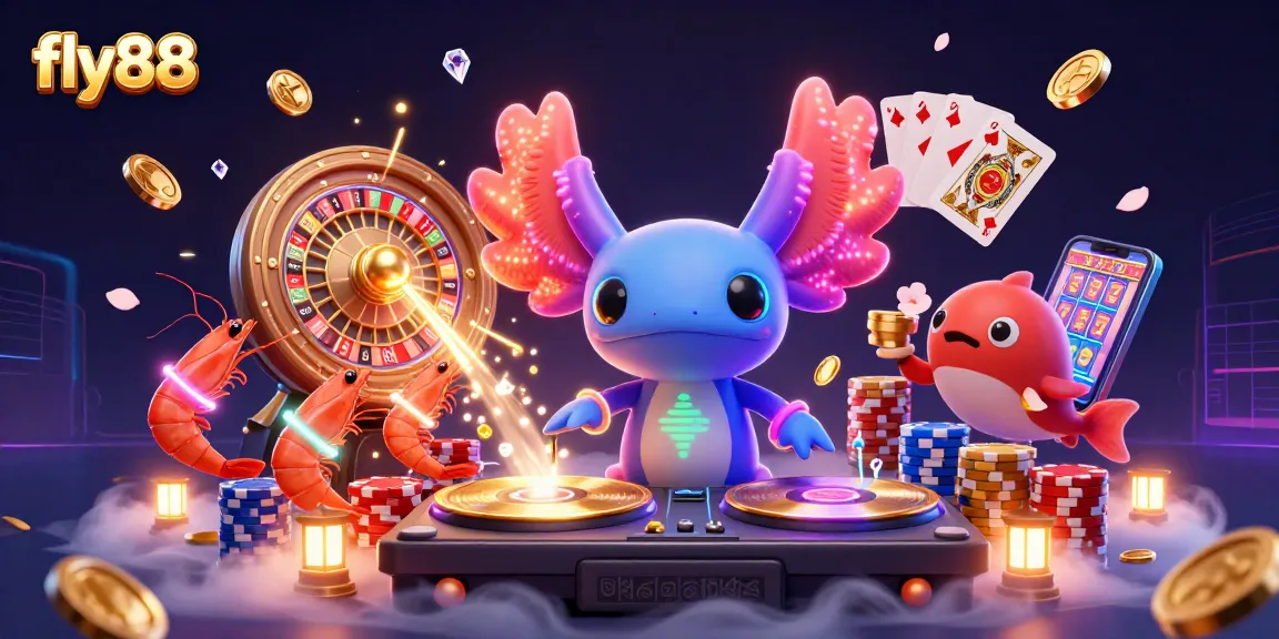 fly88 showcases a vibrant 3D casino scene featuring a neon axolotl DJ, spinning records with shrimp dancers.