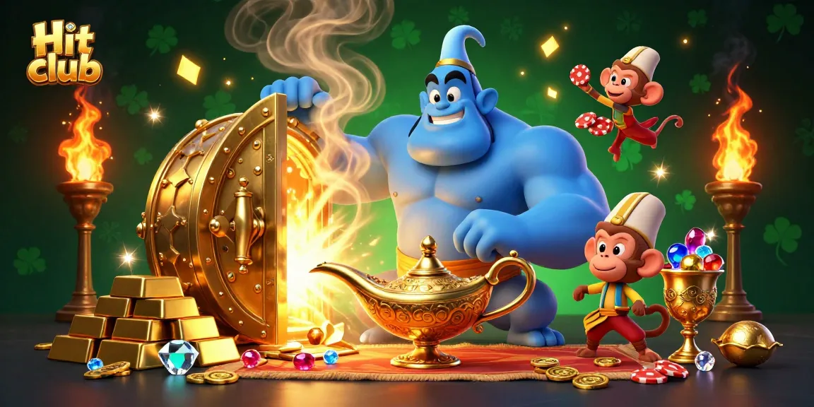 Experience the thrill of gambling at Hit club with a genie and poker chips, set in an enchanting golden treasure scene.