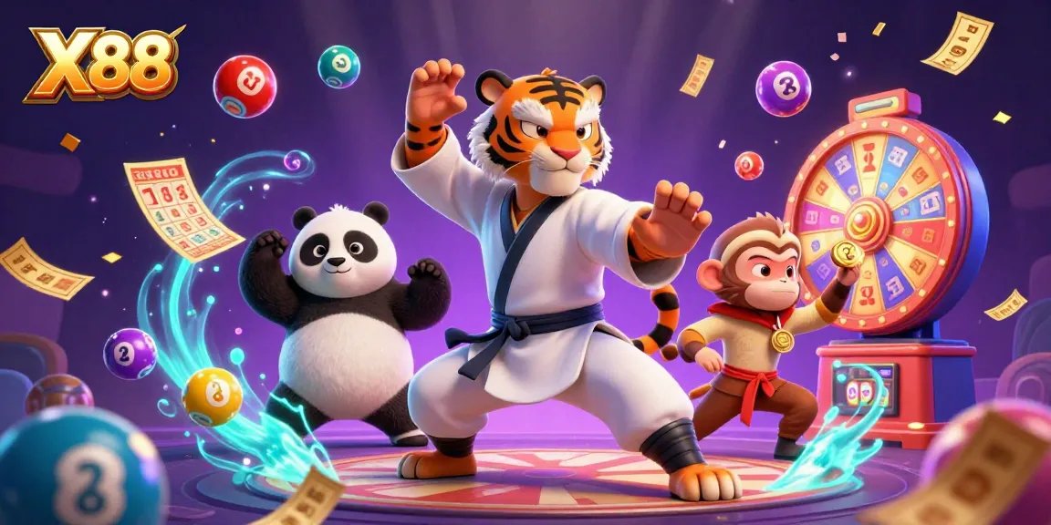X88 presents an exciting gambling scene with a kung fu tiger, panda, and monkey in action.