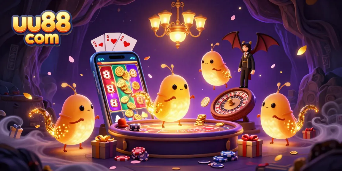 Experience fun at uu88 com with bioluminescent glowworms lighting up a cave casino scene.