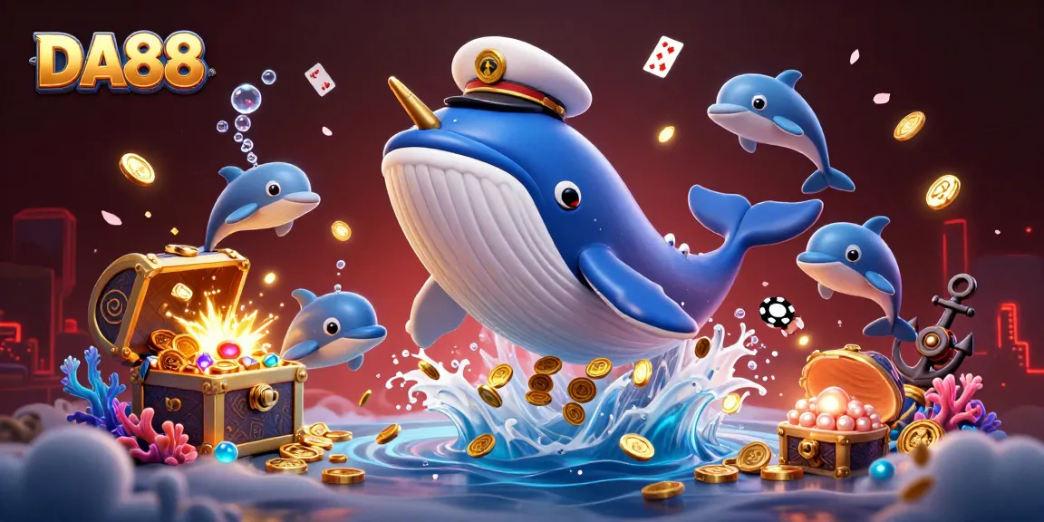 DA88: Play poker with dolphins and treasure in a vibrant underwater casino scene.