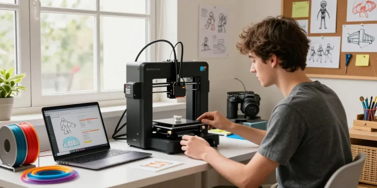 Best beginner 3D printer showcased in a creative workspace with colorful filaments and prints.