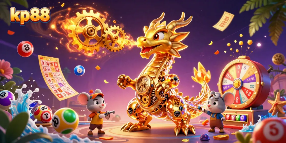 Engage with casino thrills at kp 88, featuring a dramatic scene with a golden dragon casting gears amidst lottery excitement.