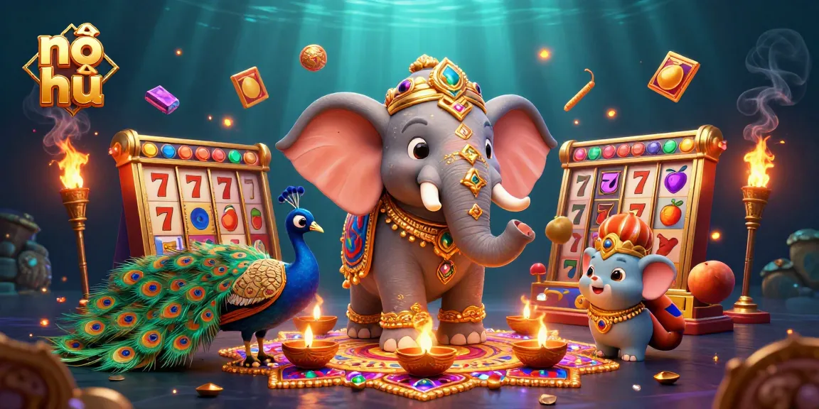 Experience nổ hũ excitement with vibrant 3D casino elements and festive decorations.