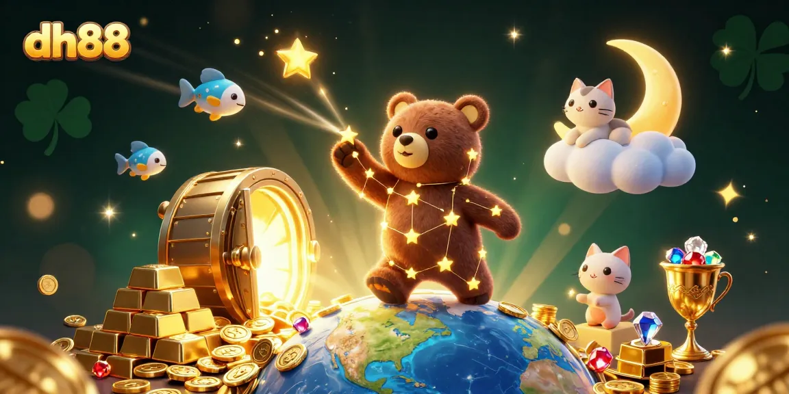 dh88 showcases vibrant 3D gaming fun with a constellation bear collecting coins in a dazzling casino atmosphere.