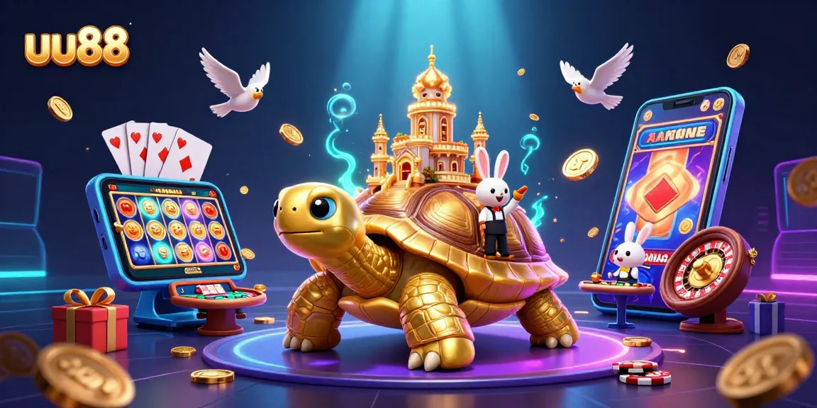 Play exciting games at uu88 with gold coins, slot machines, and a rabbit dealer in a vibrant 3D casino scene.