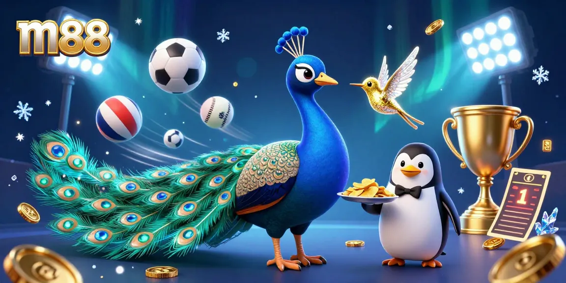 Bet on m88 with a vibrant 3D casino scene filled with colorful sports elements and mascots.