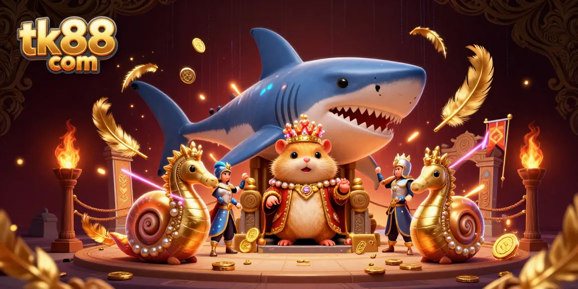 Win exciting prizes at tk88 com with a golden hamster king in a vibrant casino-themed scene.