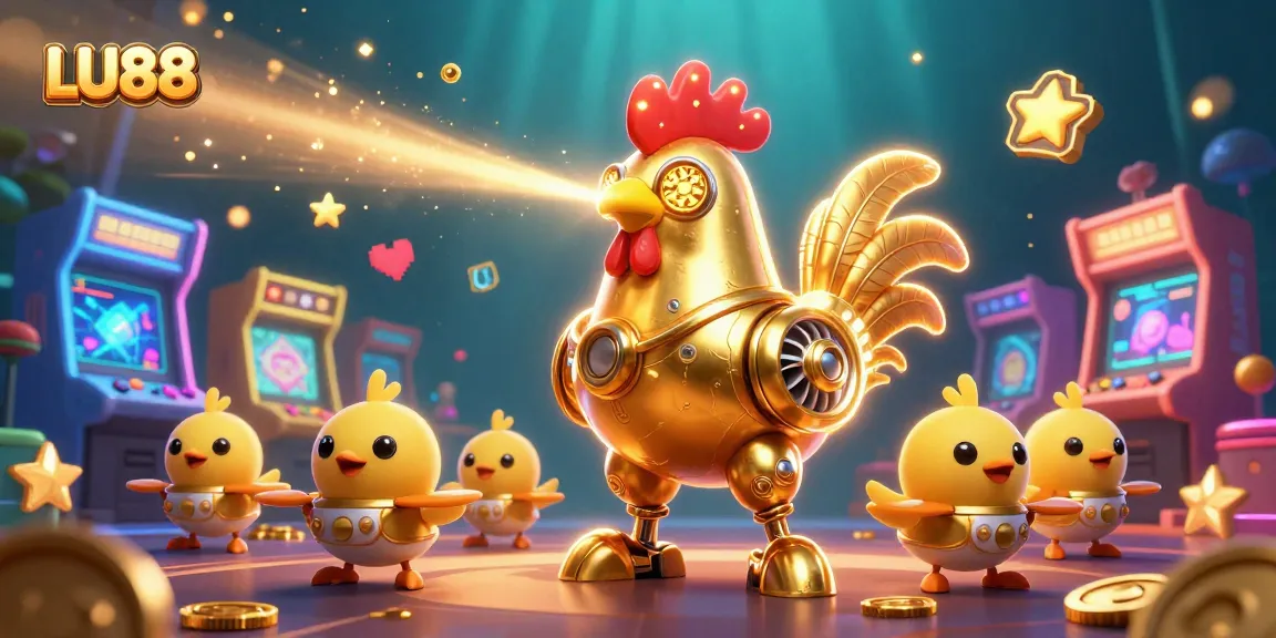 LU88 casino experience with a golden rooster robot and baby chick drones in a vibrant atmosphere.