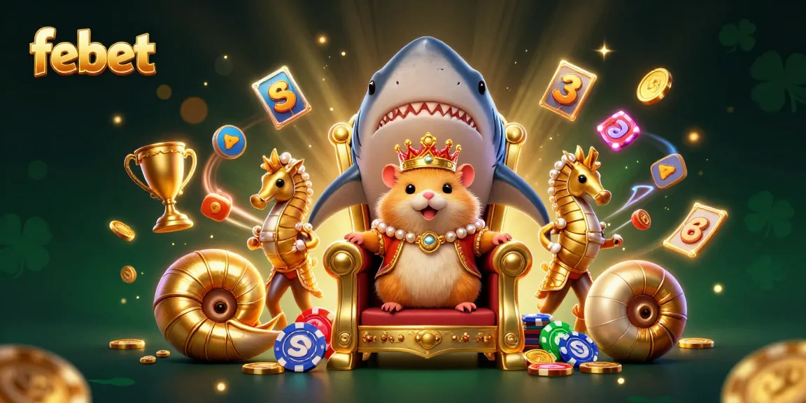 Engage in thrilling games with Febet, featuring a golden hamster king atop a shark throne amidst dynamic casino elements.