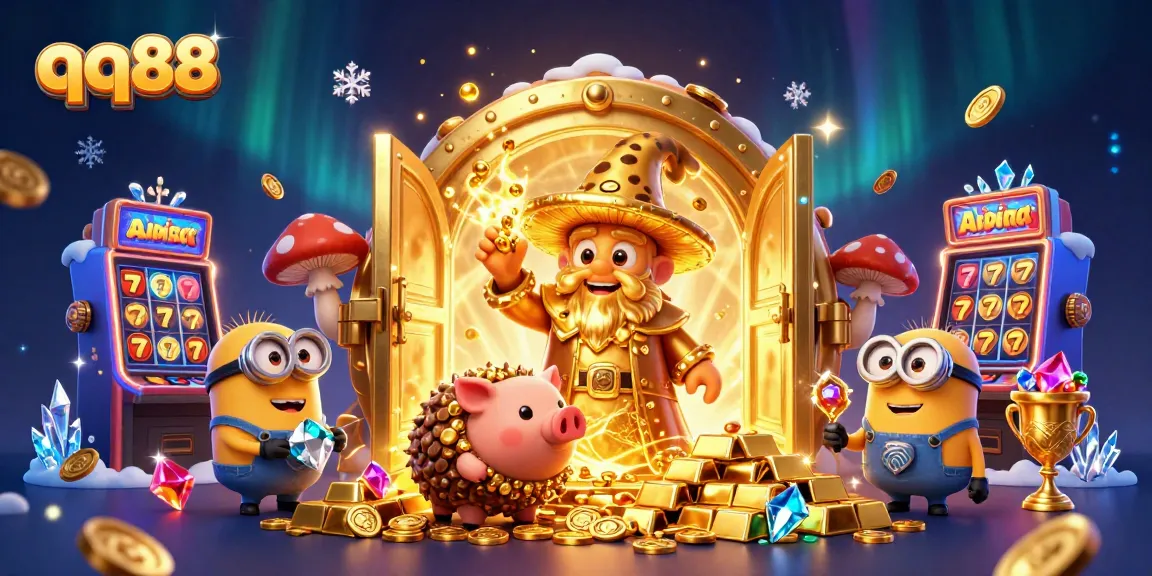 Win big at qq88 with this vibrant illustration of a golden wizard, slots, and treasures.