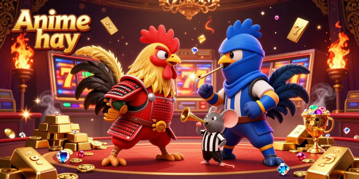 Engage with Anime hay as cartoon roosters battle in a vibrant casino scene full of treasures.