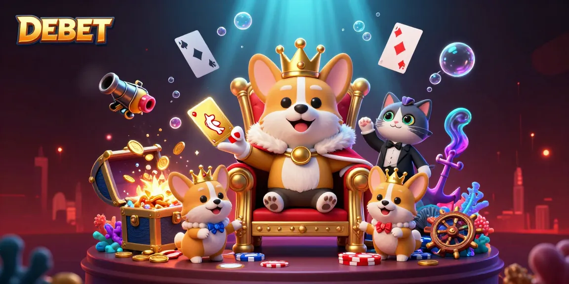 DEBET offers an exciting experience with a royal corgi and vibrant casino atmosphere filled with gold coins.