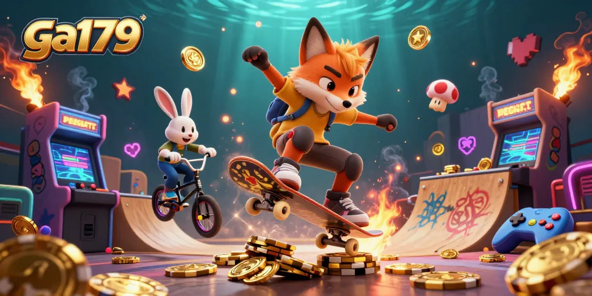 Experience thrilling gaming at ga179 with cartoon characters soaring over golden chips in a dynamic casino scene.