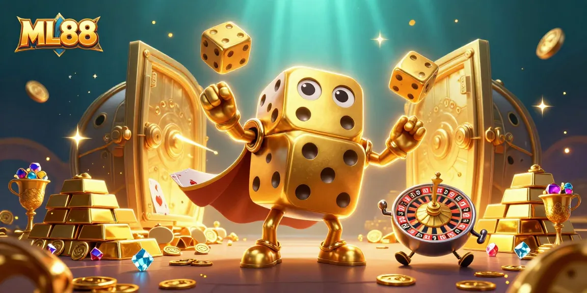 Engage with ML88's thrilling gaming world via a vibrant scene of golden dice and riches.