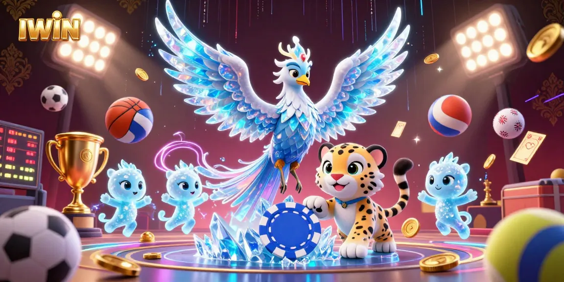IWIN features a vibrant 3D illustration of a cartoon ice phoenix alongside playful casino elements, capturing dynamic gaming energy.