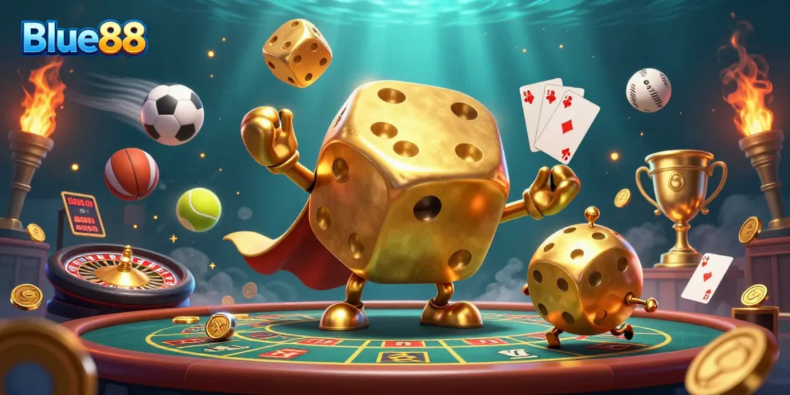 Experience the thrill of Blue88 with vibrant casino action featuring dynamic game elements and characters.