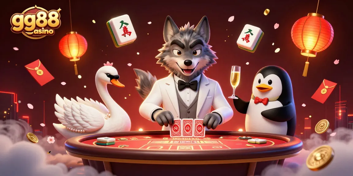 Experience the excitement of gg88 casino with vibrant 3D characters at a baccarat table, enveloped in festive elements.