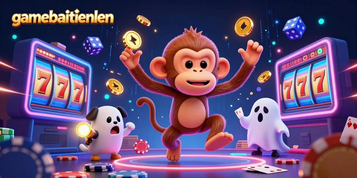 Engage with gamebaitienlen through a vibrant casino scene featuring playful characters and exciting gaming elements