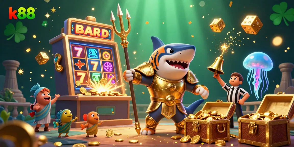Experience the thrill of k88 with a vibrant underwater casino scene featuring a golden gladiator shark and dynamic game elements.