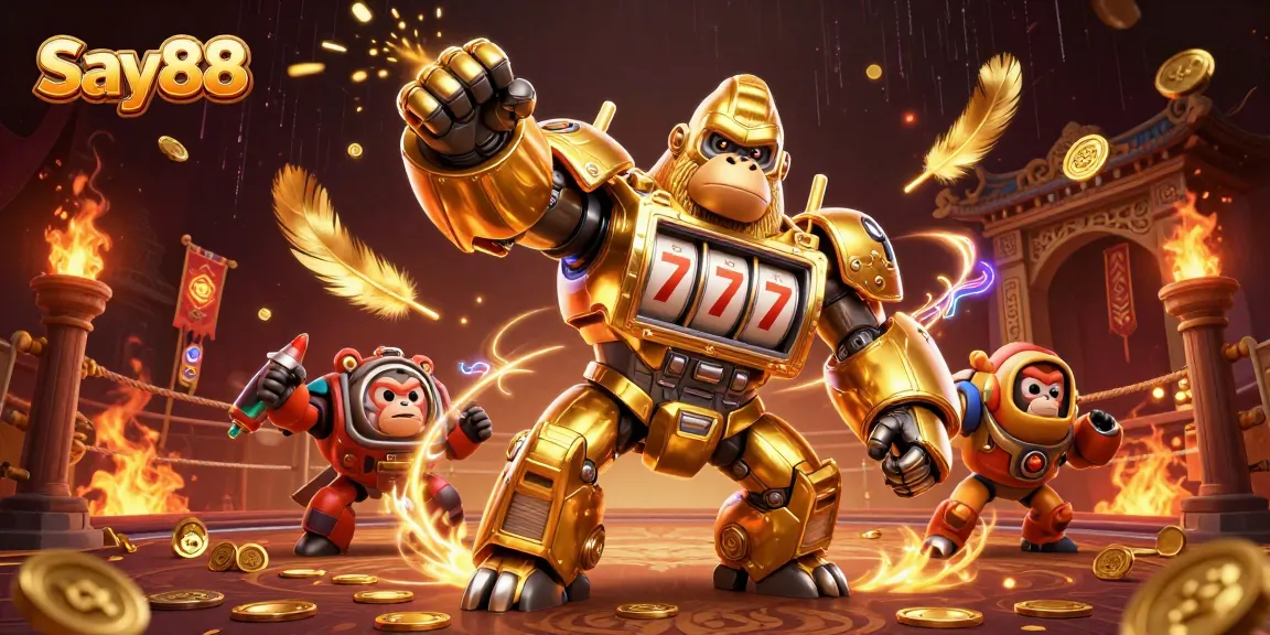 Action-packed scene featuring Say88's golden gorilla mech amidst vibrant casino elements and explosive energy