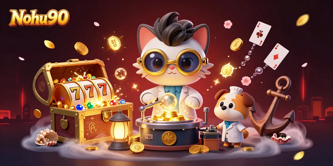 Nohu90 showcases a mad scientist cat and dog creating jackpot-winning gold coins amidst vibrant casino elements.