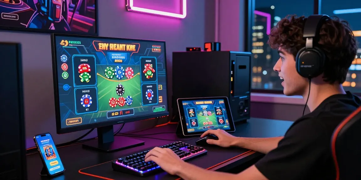 Engaged player enjoying live games on https://79club.dev/ with vibrant screen graphics and high-tech gaming setup.