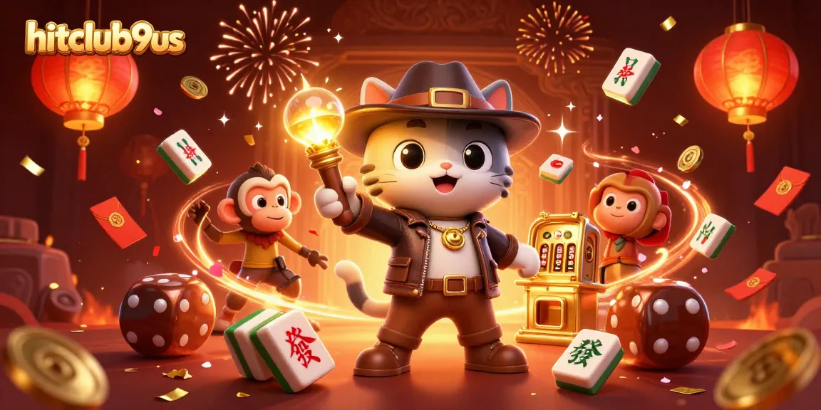 Hitclub9us engaging with a dynamic casino adventure featuring a cat and monkey in an enchanting temple.