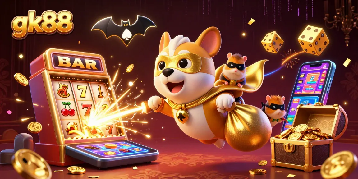 Win big with gk88 as a superhero dog flies through a casino explosion of coins and jackpots.
