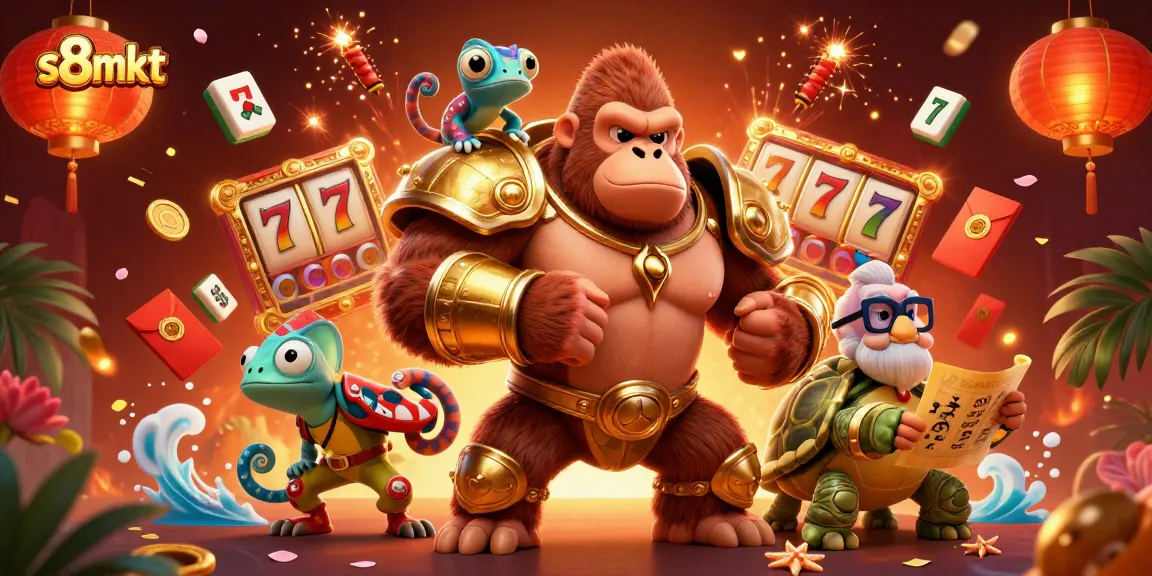 Experience fun gaming action at s8mkt with vibrant characters amidst slot reels and festive decorations.
