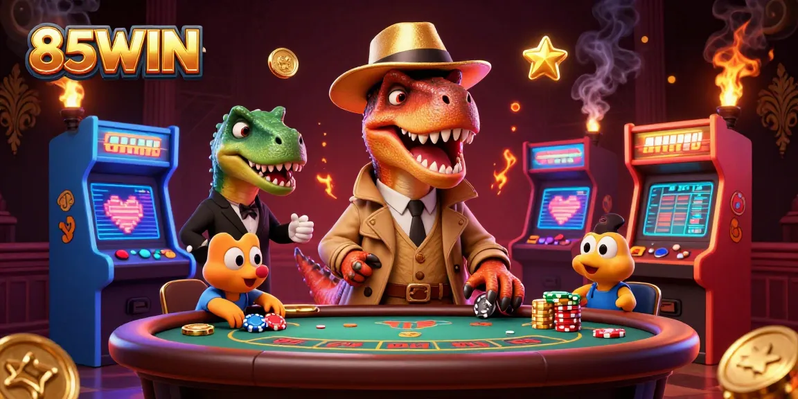 85WIN casino scene with cartoon velociraptor card counter at blackjack table and colorful game elements.