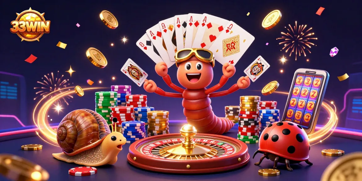 Experience the excitement of 33WIN with a dynamic 3D casino scene full of vibrant elements and characters.