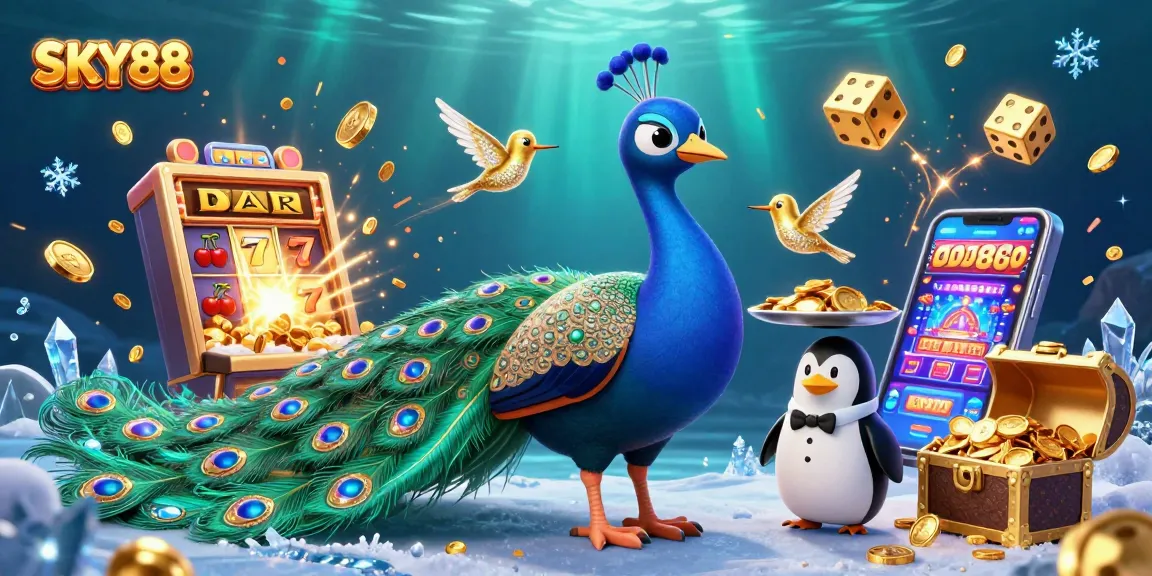 Experience thrilling games at SKY88, featuring a rich digital illustration of casino excitement with lively characters.
