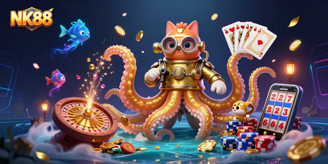 NK88 showcases an exciting casino atmosphere with a colossal kraken and diving cat, winning big!